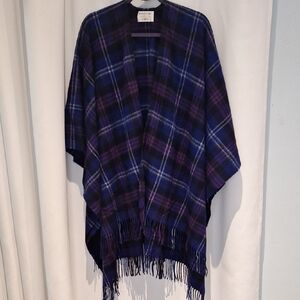 Edinburgh Plaid Fringe Poncho in Blue and Purple 100% Lambswool